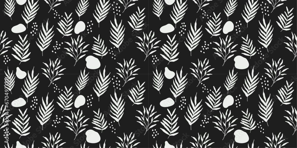 Poster Floral pattern with black background. Vector pattern with white branches and leaves. Minimal style floral wallpaper. Black andwhite.