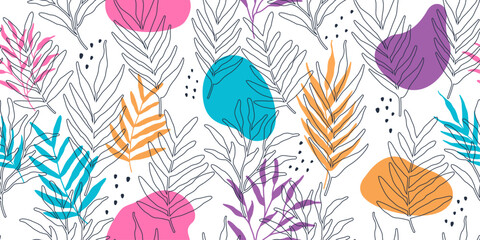 Hand drawn summer tropical pattern with white background. Vector pattern with leaves, colored shapes on background. Abstract floral wallpaper.