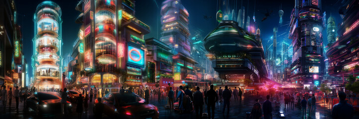 Futuristic cyberpunk urban cityscape, Neon Lights - obrazy, fototapety, plakaty
