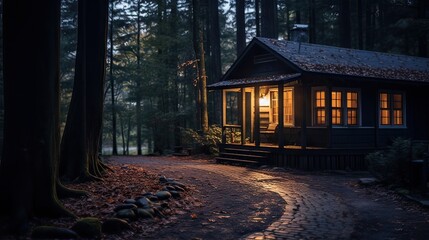 Fototapeta na wymiar Cozy cabin in the woods bathed in the soft, inviting light of lanterns. Peaceful, rustic, serene, night, comforting, rural retreat. Generated by AI.