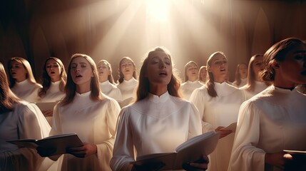 Heavenly angels in a celestial choir sing hymns of praise. Divine, ethereal, spiritual, reverent, uplifting. Generated by AI. - obrazy, fototapety, plakaty