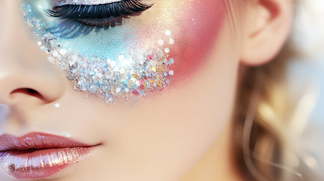 Carnival colourful bright makeup, close up of women face. Masquerade makeup idea. Generative AI