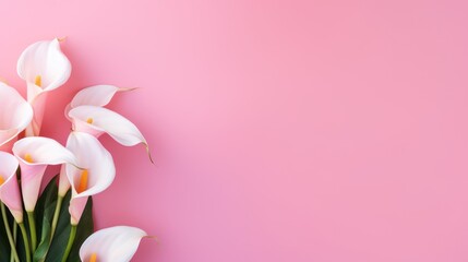 White calla lily flowers on pink background. Flat lay, top view. Generative AI