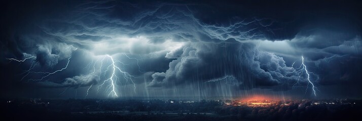 Dramatic splendor of a tempestuous night. Thunderstorm, atmospheric intensity, nature's majesty, electric brilliance, stormy spectacle, dramatic weather. Generated by AI. - obrazy, fototapety, plakaty