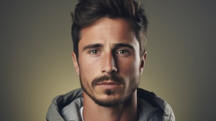 Obraz premium Portrait of handsome young man with beard and mustache looking at camera Generative AI
