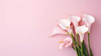 Beautiful calla lily flowers on pink background with copy space Generative AI
