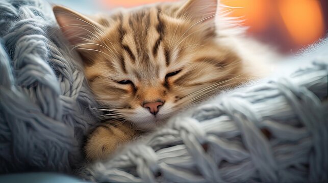 A fluffy feline, curled up on a soft knit blanket, exudes relaxation and coziness. Pet, cuddly, purring, adorable, warm, content, domestic, comfort. Generated by AI.