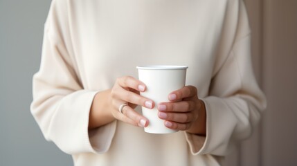 Female hands holding a white paper cup of coffee. Close-up. Generative AI