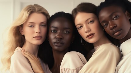 Fototapeta premium Group of beautiful women with different skin color. Beauty, fashion. Generative AI