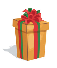 Flat Yellow Gift Box Present with Red Green Bow 