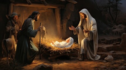 The sacred arrival of Jesus in a humble stable with a manger, signifying the humble and divine origins of the Savior. Nativity, holy manger, humble beginnings, divine infant. Generated by AI.