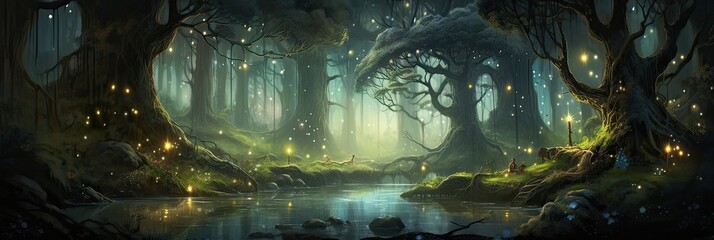 A mesmerizing woodland filled with ancient trees. Mystical, magical, ancient forest, firefly enchantment, luminescent, enchanted wonderland, twilight allure. Generated by AI. - obrazy, fototapety, plakaty