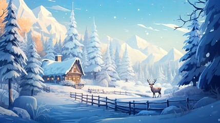Ancient wooden house, cottage and animal dwellingplace in profound snow on mountain valley, spruce timberland, woody slopes on clear blue sky at dawn duplicate space foundation. Mountain - obrazy, fototapety, plakaty