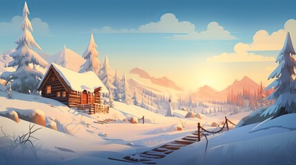 Ancient wooden house, cabin and horse shelter, heap of kindling in profound snow on mountain valley, spruce timberland, woody slopes on clear blue colorful sky at dawn duplicate space - obrazy, fototapety, plakaty