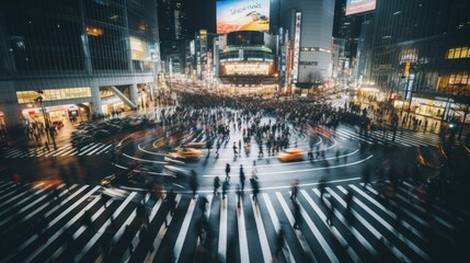 A long exposure capturing the iconic Shibuya Crossing in Tokyo,people merging into blurred trails