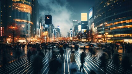 A long exposure capturing the iconic Shibuya Crossing in Tokyo,people merging into blurred trails
