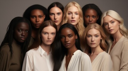Group of women with different skin tones. Beauty and fashion. Studio shot. Generative AI