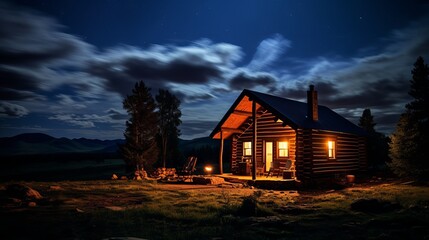 A log cabin surrounded by the night sky