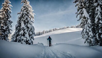 Ski touring in the deep fresh snow, Transylvania, Carpathians, Romania - obrazy, fototapety, plakaty