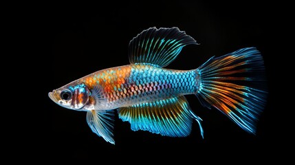 Fototapeta premium A combine of multi colors guppy angle (Poecilia reticulata) separated on dark foundation, platinum guppy angle