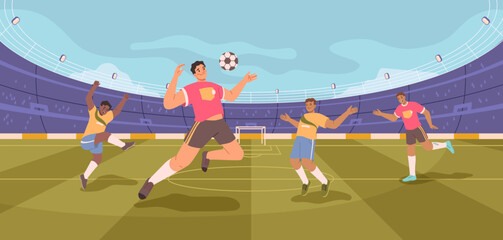 Soccer stadium players. Football match, athletes fighting, kicking ball vector flat cartoon illustration. Dynamic poses of people in uniform, tense moment on field. Football team championship