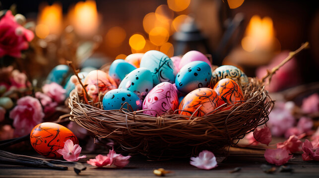 Easter colorful eggs in a nest among flowering twigs. Nest with eggs on a wooden table. Happy Easter. Decorating eggs for the holiday - Powered by Adobe
