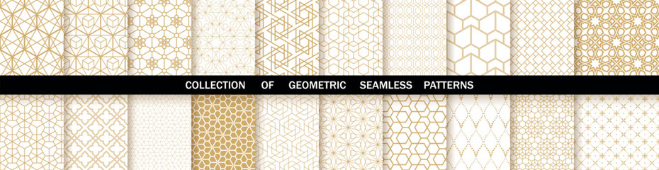 Geometric set of seamless gold and white patterns. Simple vector graphics