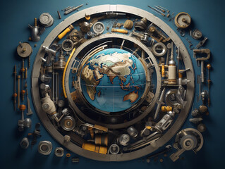 The planet earth, surrounded by various mechanisms, machines and tools