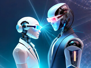 テクノロジーの概念で人工知能を搭載した人型ロボットと光の背景 - obrazy, fototapety, plakaty