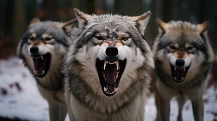 Fotobehang Eastern timber wolves yelling on a shake © Akbar