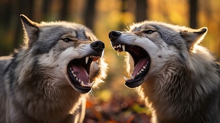 Eastern timber wolves yelling on a shake - obrazy, fototapety, plakaty