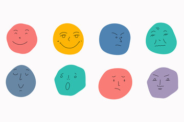 round abstract Faces with various Emotions. Different colorful characters. Flat design.