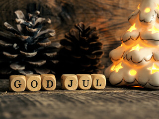God Jul, Scandinavian Merry Christmas with wooden blocks