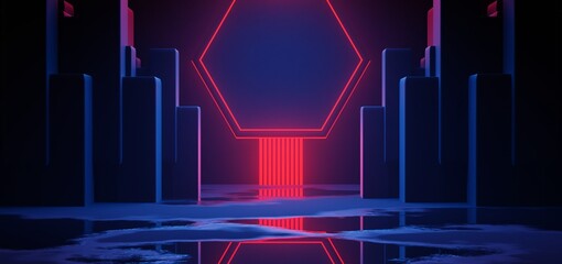futuristic gaming esports background abstract wallpaper, cyberpunk style scifi game, stage concert scene in pedestal display room, led neon glow light, 3d illustration rendering