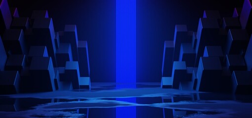 futuristic gaming esports background abstract wallpaper, cyberpunk style scifi game, stage concert scene in pedestal display room, led neon glow light, 3d illustration rendering