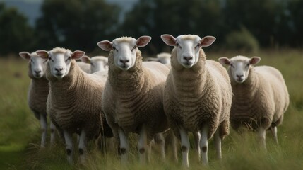 Fototapeta premium A grouchy looking white sheep chewing on grass. AI generated