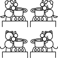 鍋料理をするわんまるとにゃんまるの線画セット　犬　猫
