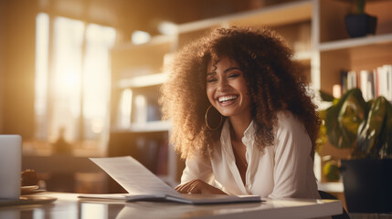Portrait of successful young black businesswoman standing in office with copy space. African american business woman in formal clothing,golden hour.