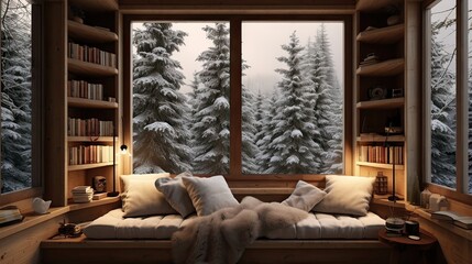 Cozy, tranquil, wintertime haven, picturesque scenery, reading escape, natural serenity. Generated by AI. - obrazy, fototapety, plakaty