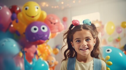 Indoor shot of small young lady with braids wearing casual clothing posturing separated over gray foundation with inflatables, holding discuss ballons creature figures, playing on party