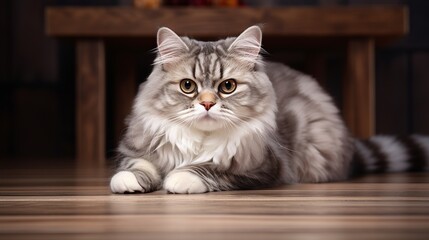 Inquisitive charming youthful british shorthair and ragdoll blend cat sitting on wooden stool. Taken in studio, with warm beige foundation. Youthful striped multi-coloured cat.