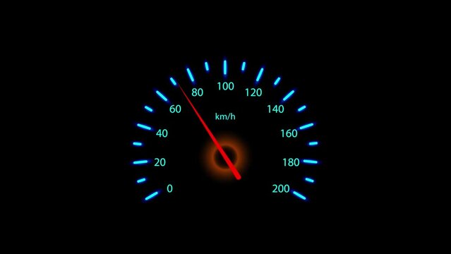 Neon analog race car speedometer animation with black background