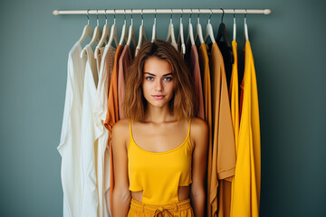 Young adorable woman in a yellow crop top on a wardrobe background.