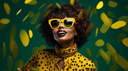 In vogue cheerful grinning Dark lady wearing in vogue yellow rectangle shades, creature, tiger print shirt, posturing on green foundation. Duplicate, purge space for content - obrazy, fototapety, plakaty