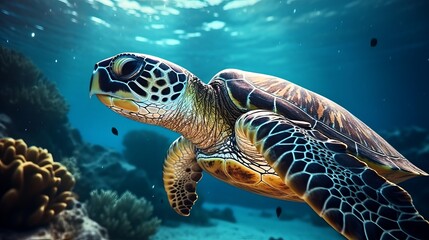 Fototapeta premium Hawksbill Turtle - Eretmochelys imbricata drifts beneath water. coral reef