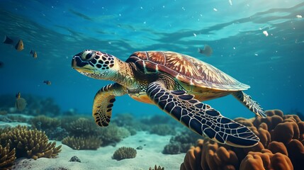 Obraz premium Hawksbill Turtle - Eretmochelys imbricata drifts beneath water. coral reef