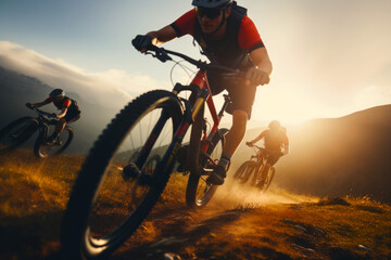 Mountain bike race outdoors at sunset. Extreme sport