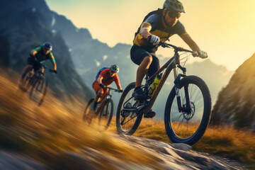 Mountain bike race outdoors at sunset. Extreme sport