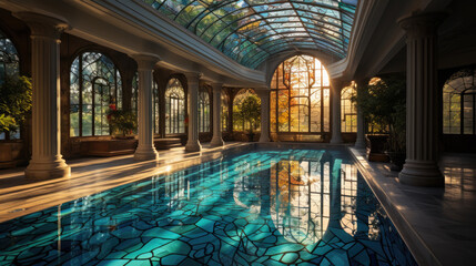 indoor pool in a beautiful old building with stained glass windows, hotel, sanatorium, designer house, villa, vacation, spa, lifestyle, turquoise water, tiles, sun light - obrazy, fototapety, plakaty