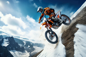 Motorcyclists jump on hill winter motocross, extreme sport